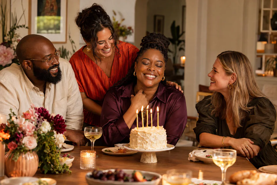 Friends gather around a birthday cake, sharing laughter and candlelight