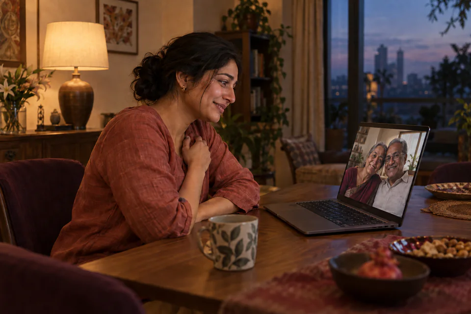 A woman sharing an affectionate video call with family far away