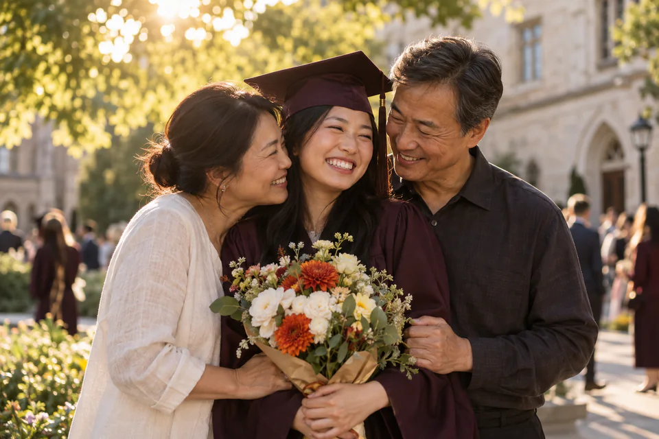 A graduate with flowers embraced by proud family members