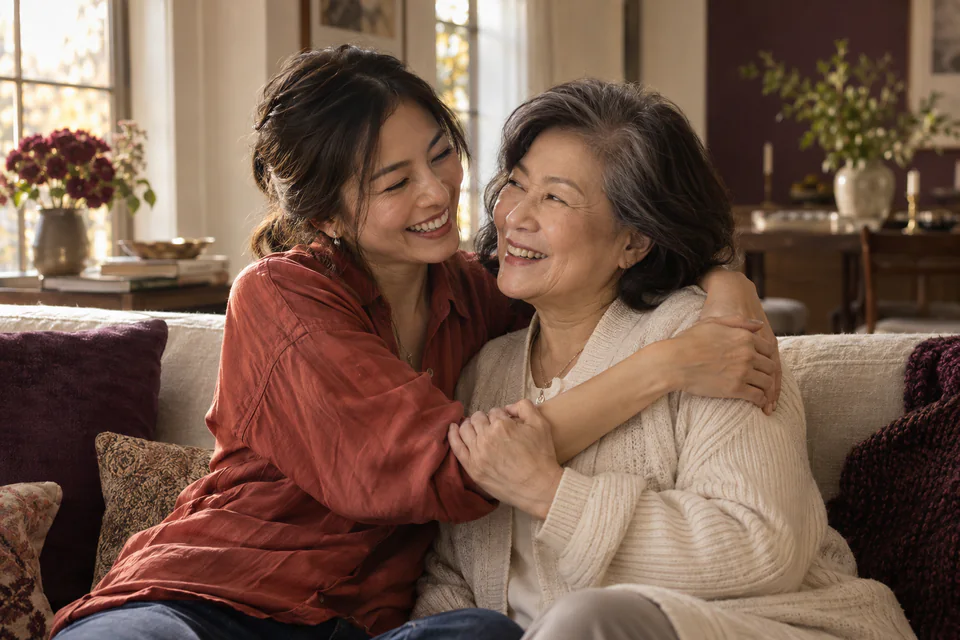 An adult daughter and her mother sharing a joyful embrace
