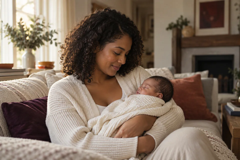 A parent gently cradling a newborn at home in soft window light