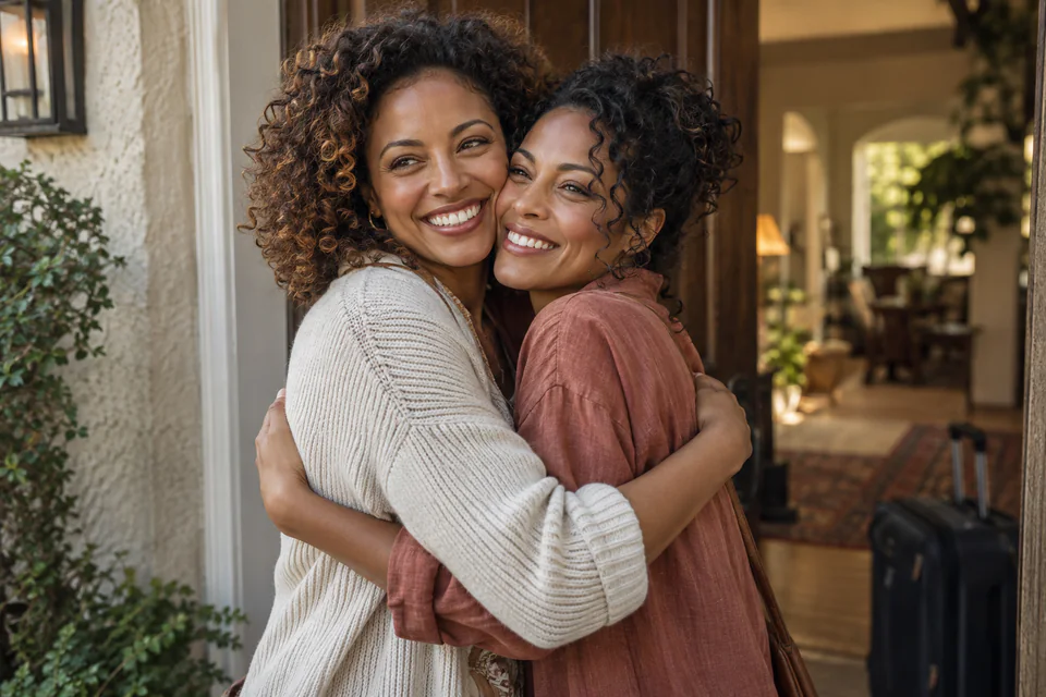 Loved ones greet each other with a joyful, long-awaited embrace