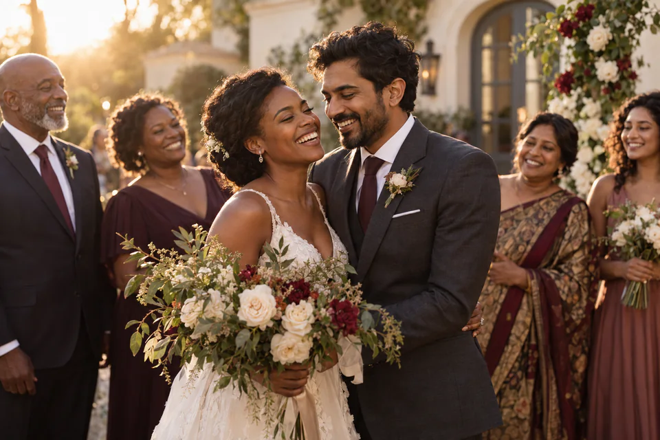 Newlyweds celebrating with flowers and loved ones in golden evening light