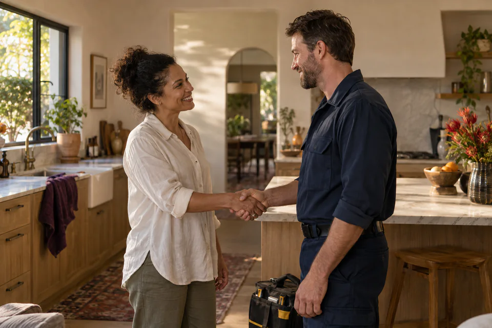 A homeowner warmly thanking a plumber after a finished job